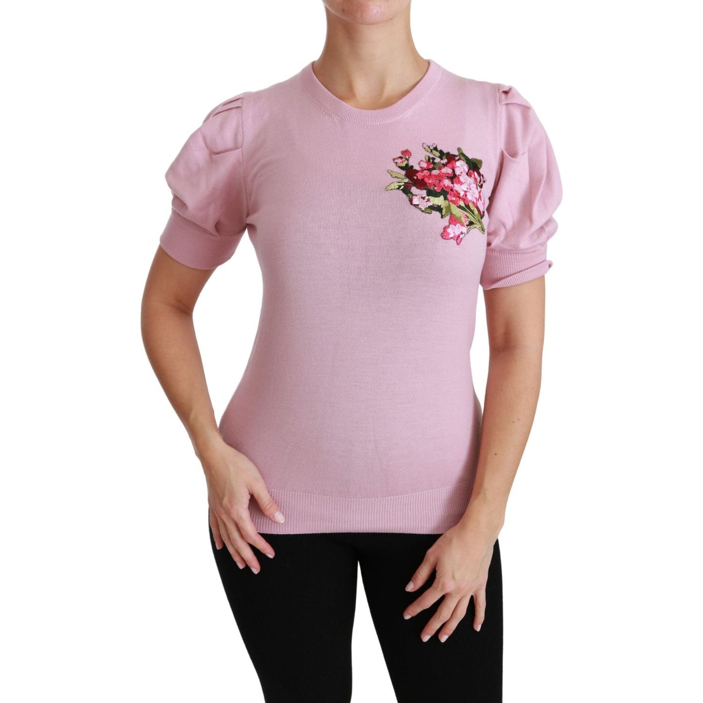 Dolce & Gabbana Pink Floral Embroidered Blouse Wool Top Dolce & Gabbana