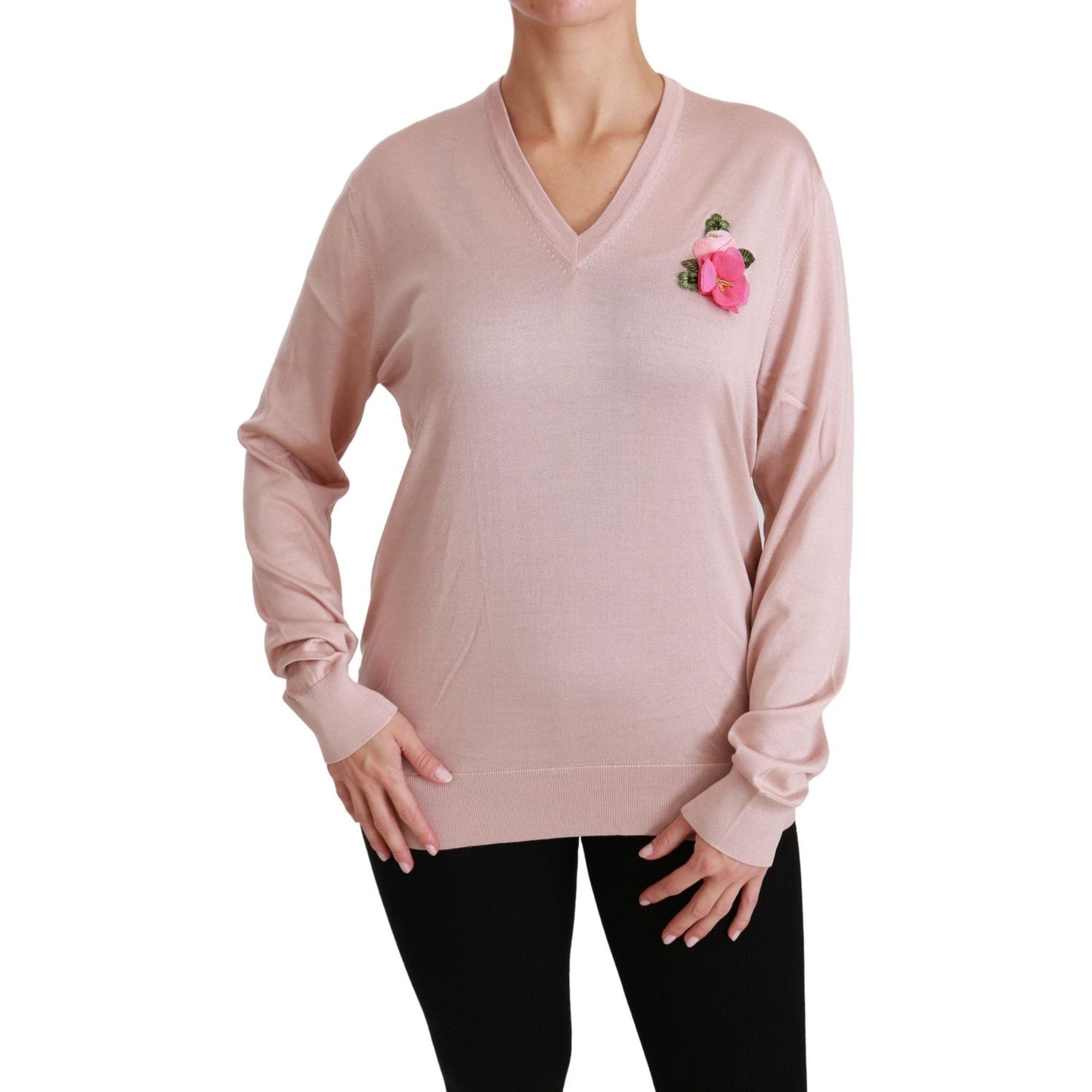 Dolce & Gabbana Pink Floral Embellished Pullover Silk Sweater Dolce & Gabbana