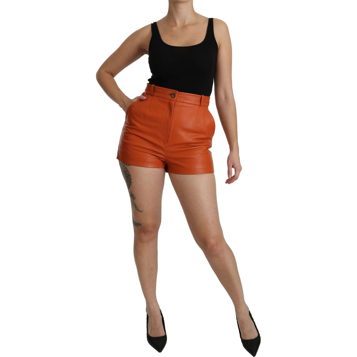 Dolce & Gabbana Orange Leather High Waist Hot Pants Shorts Dolce & Gabbana