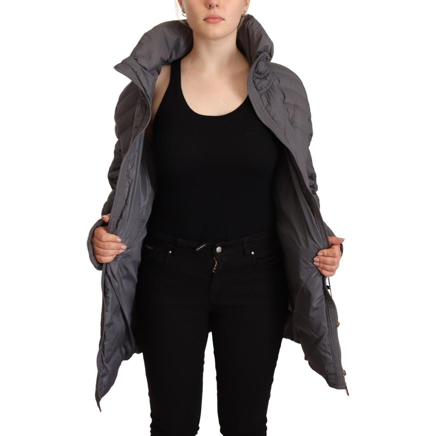 Roccobarocco Gray Quilted Long Sleeves Logo Patch Full Zip Jacket Roccobarocco