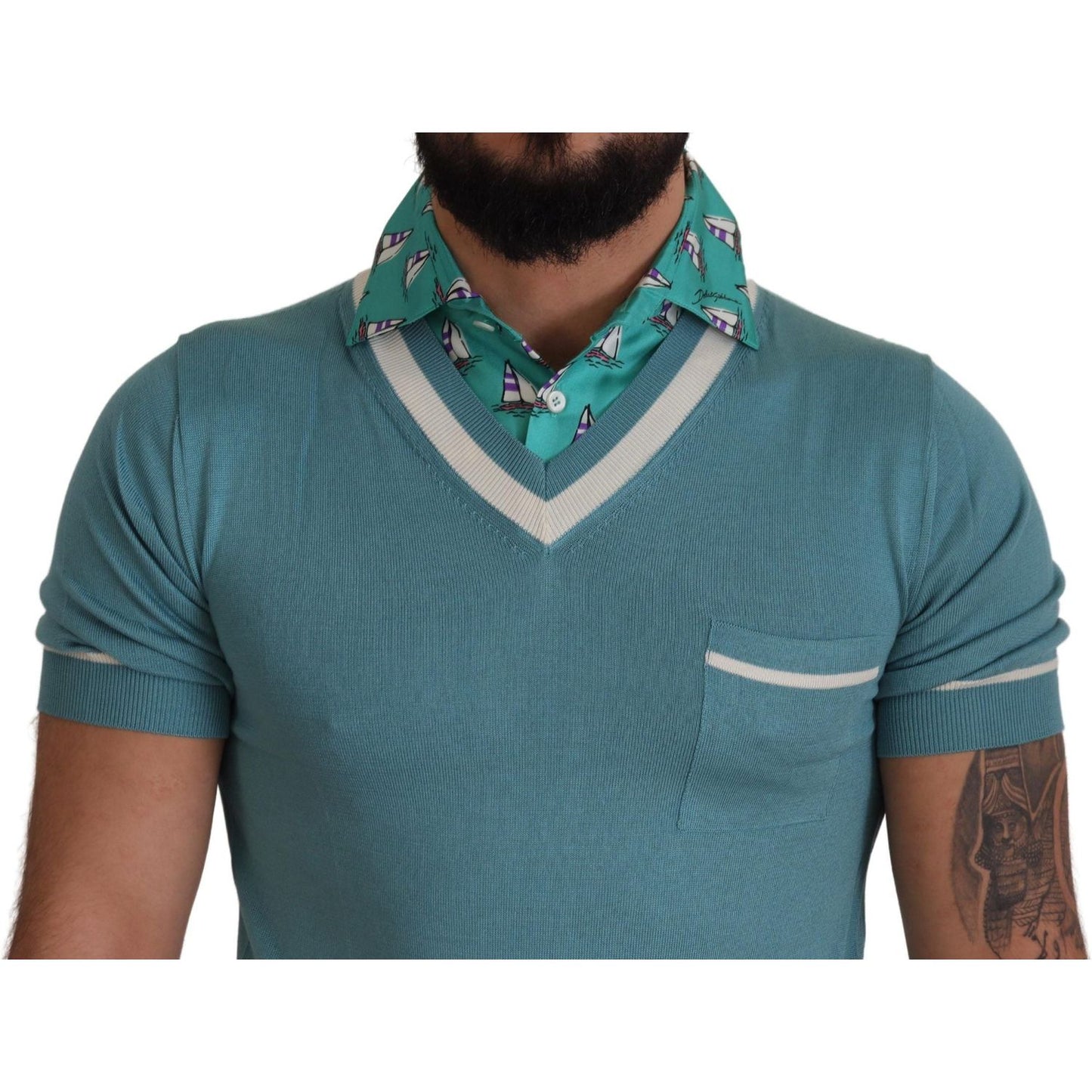 Dolce & Gabbana Blue Silk Polo Top Mens V-neck T-shirt Dolce & Gabbana