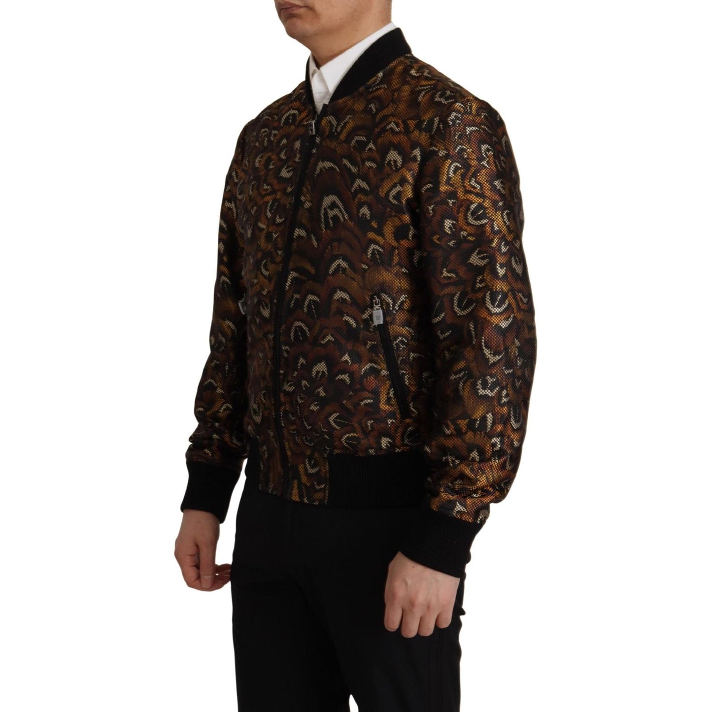 Dolce & Gabbana Brown Feather Full Zip Blouson Jacket Dolce & Gabbana