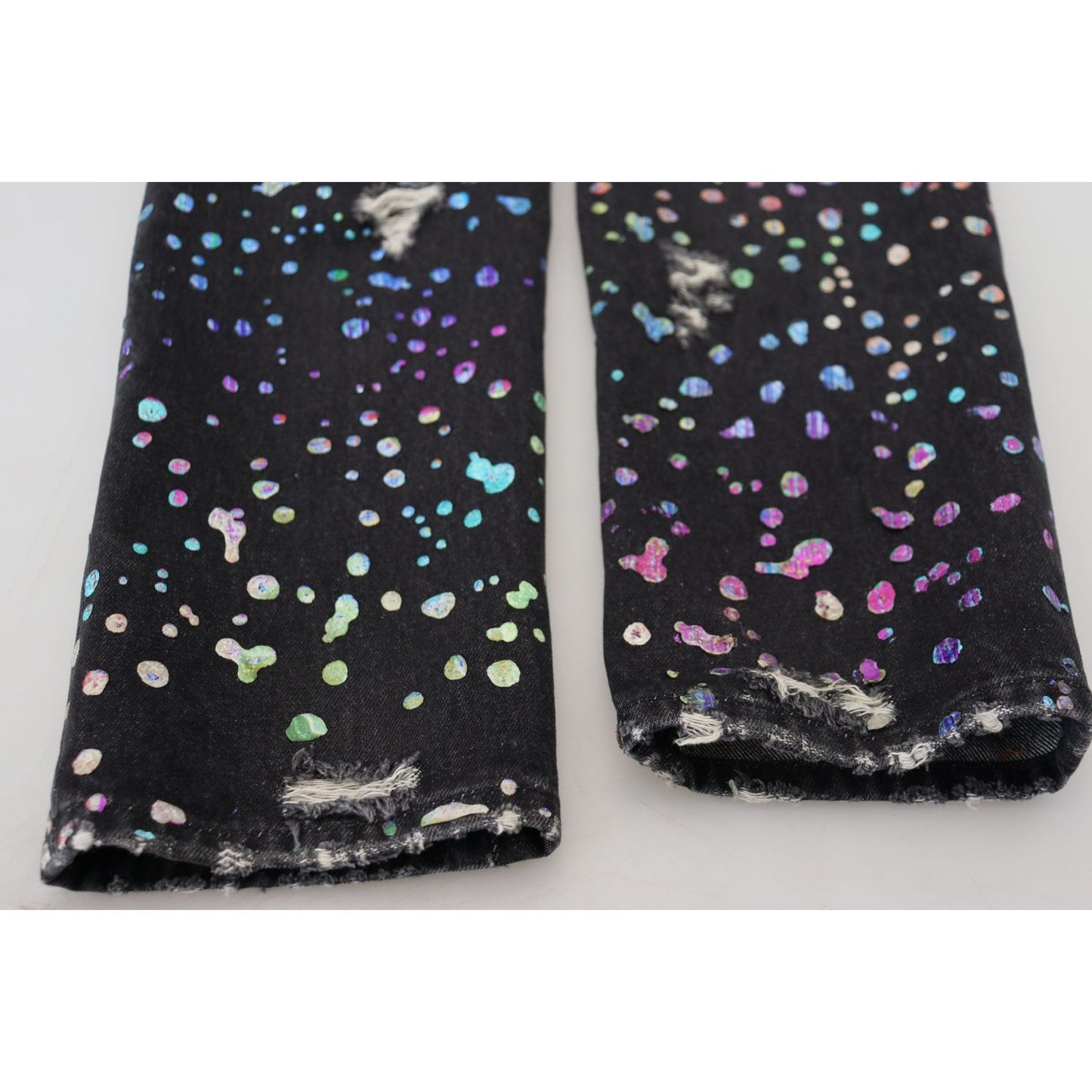 Dolce & Gabbana Black Multicolor Print Tattered Denim Jeans Dolce & Gabbana