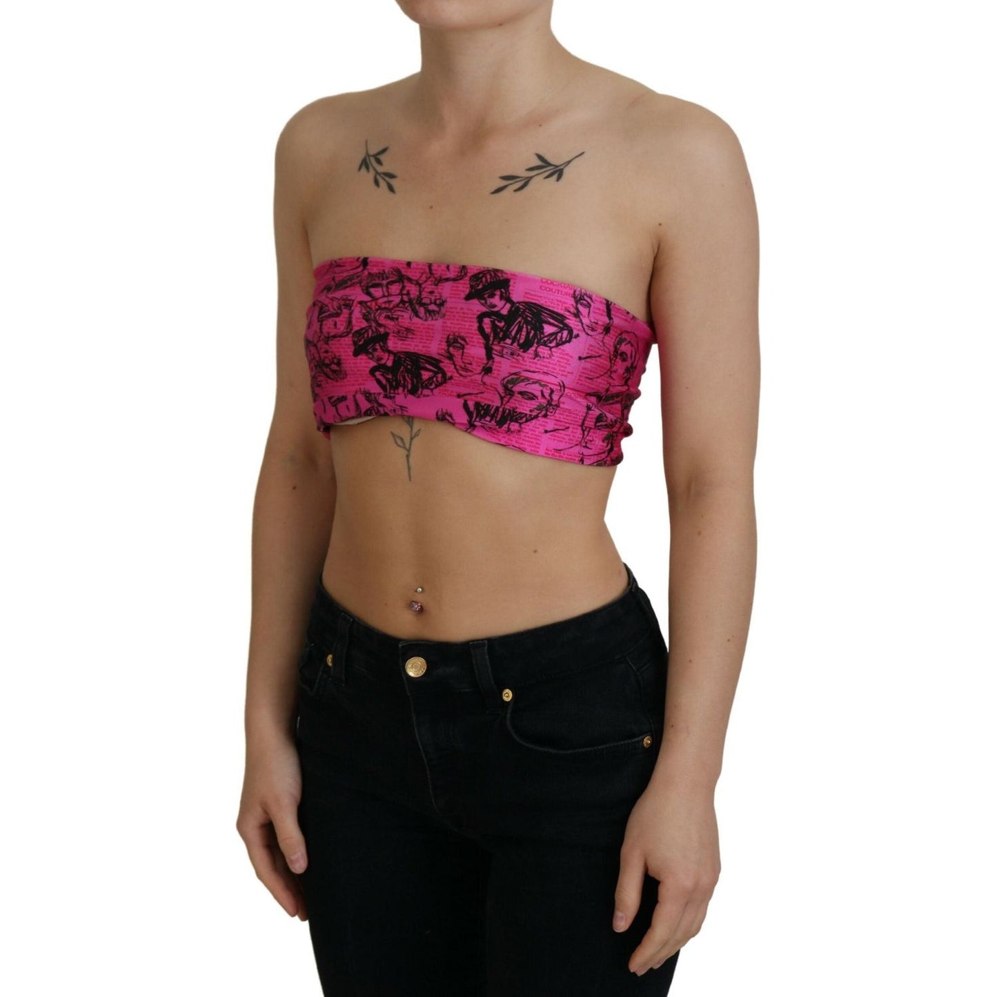 John Galliano Pink Newspaper Print Bra Cropped Blouse John Galliano
