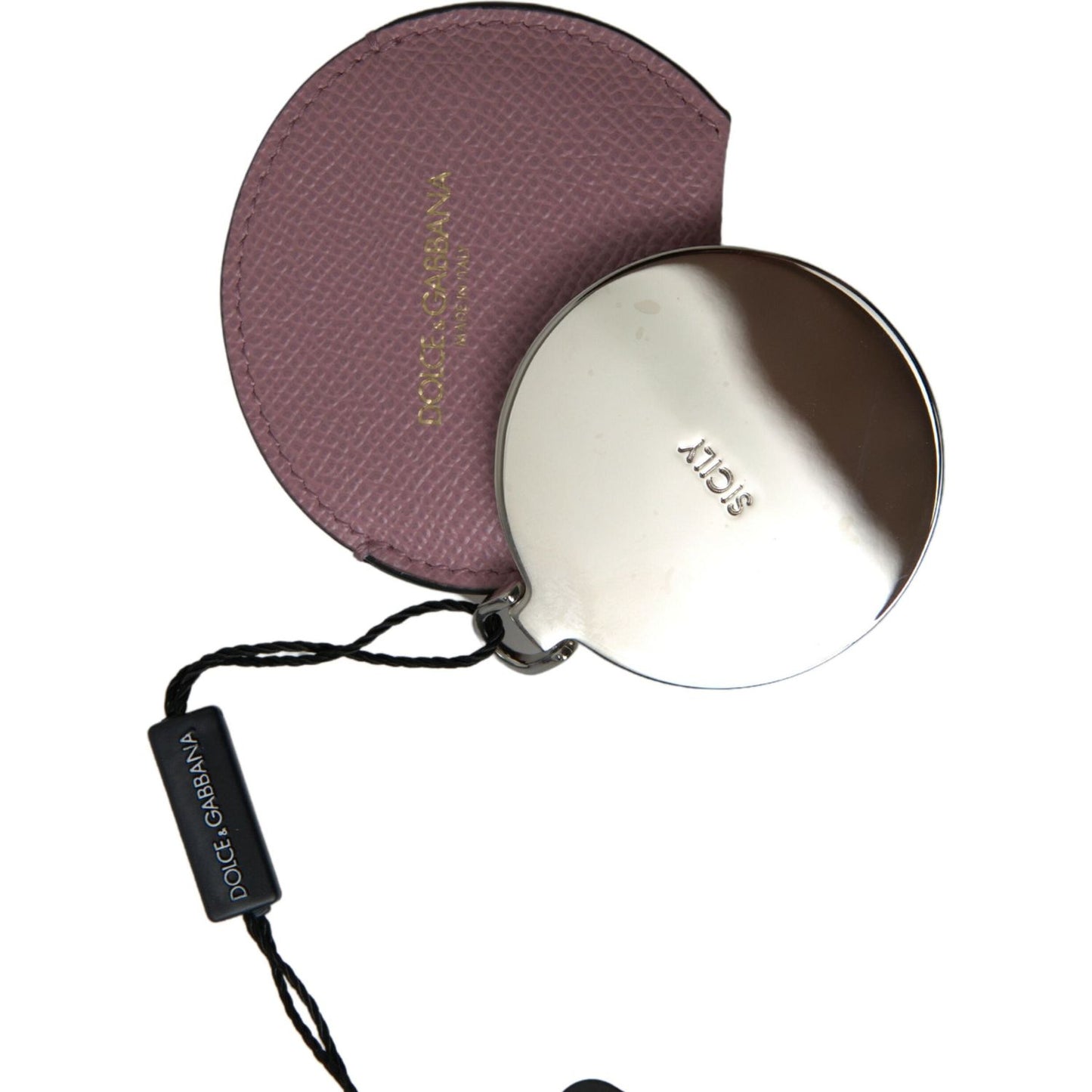 Dolce & Gabbana Pink Calfskin Leather Round Logo Print Hand Mirror Holder Dolce & Gabbana
