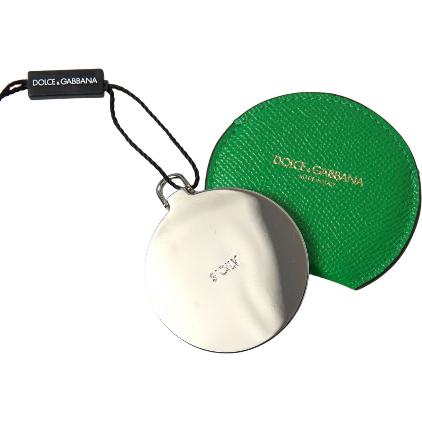 Dolce & Gabbana Green Calfskin Leather Round Logo Hand Mirror Holder Dolce & Gabbana