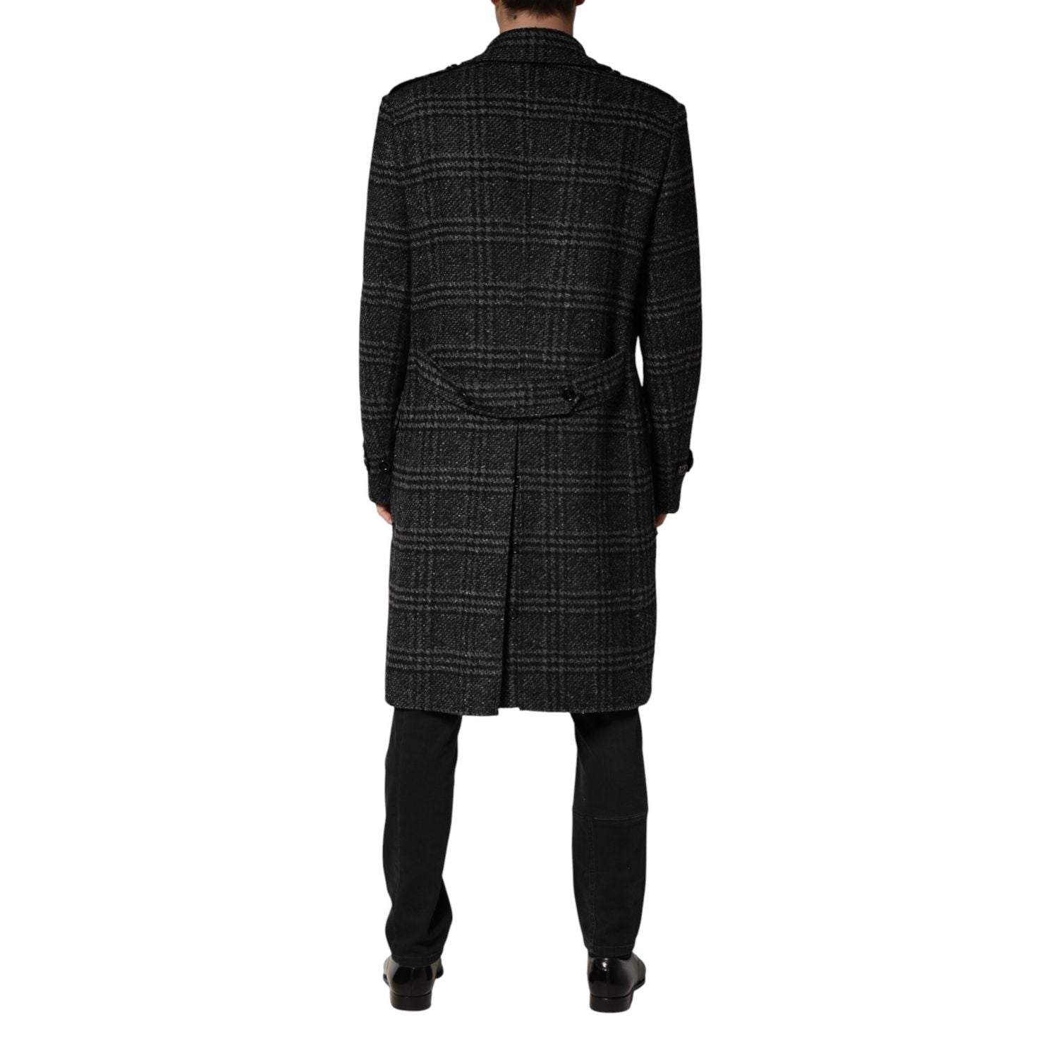 Dolce & Gabbana Grey Double Breasted Plaid Wool Coat Jacket