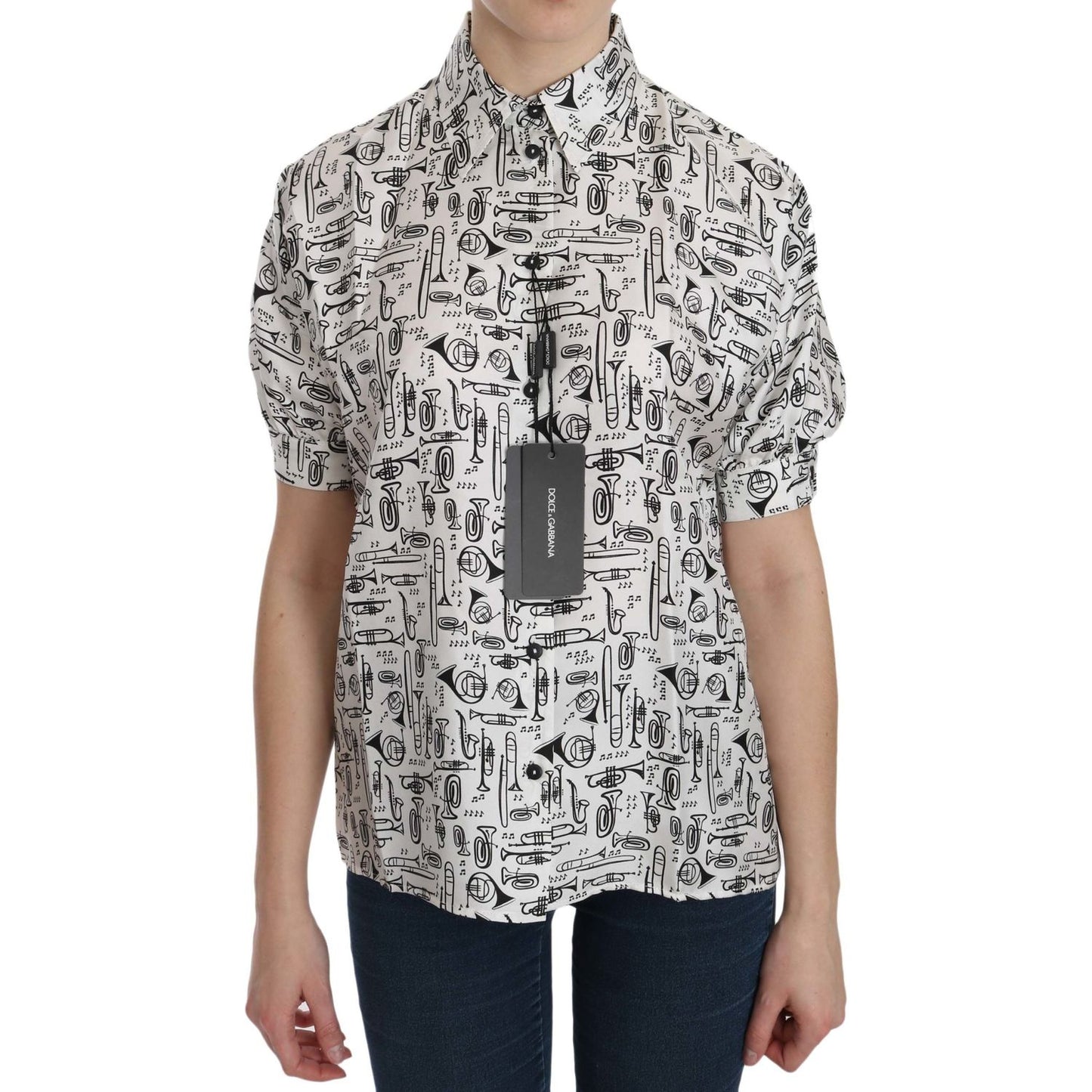 Dolce & Gabbana White Musical Instrument Collared Blouse Shirt Dolce & Gabbana