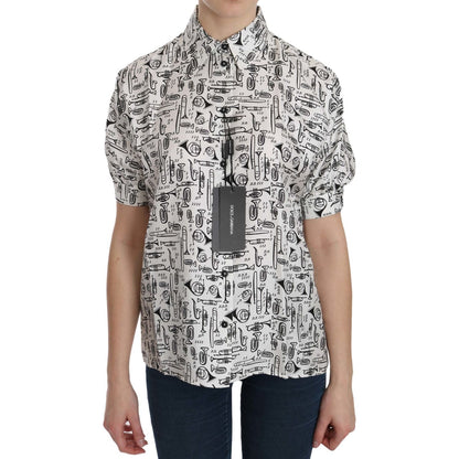 Dolce & Gabbana White Musical Instrument Collared Blouse Shirt Dolce & Gabbana