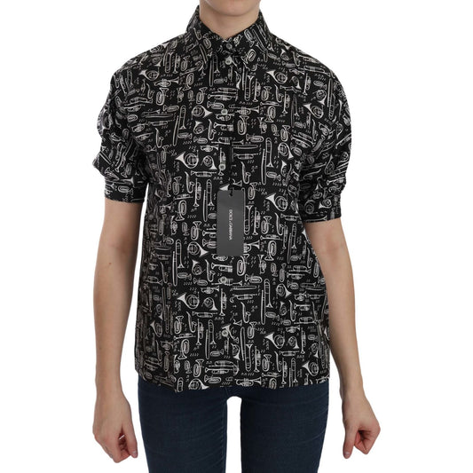 Dolce & Gabbana Black Musical Instrument Collared Blouse Shirt Dolce & Gabbana