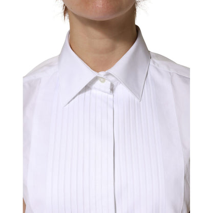 Dolce & Gabbana White Cotton Pleated Sleeveless Button Down Top