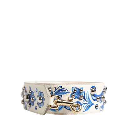 Dolce & Gabbana White Blue Floral Leather Stud Accessory Shoulder Strap