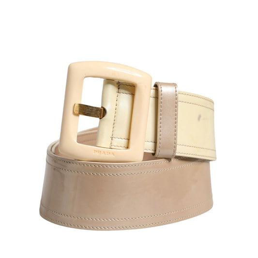 Prada Beige Leather Logo Wide Waist Women Square Buckle Belt