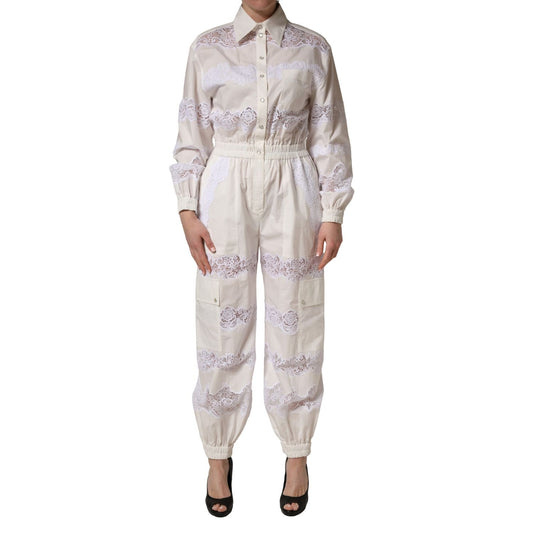 Dolce & Gabbana White Cotton Lace Trim Long Sleeves Jumpsuit