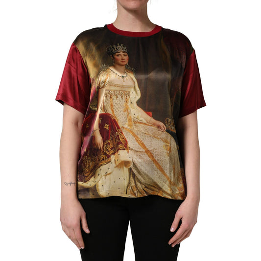 Dolce & Gabbana Maroon Royal Crown Dress Queen Painting Silk  T-shirt