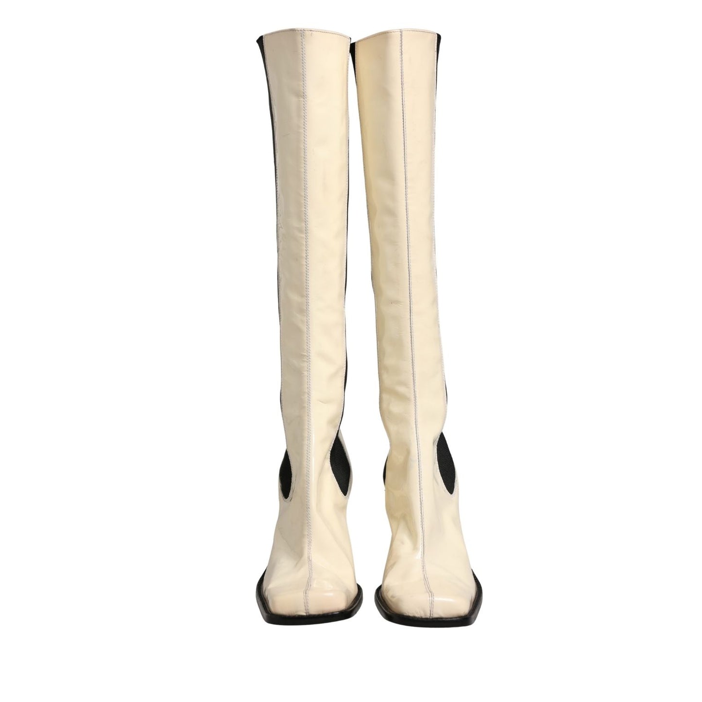 Dolce & Gabbana White Black Leather Knee High Boots Shoes