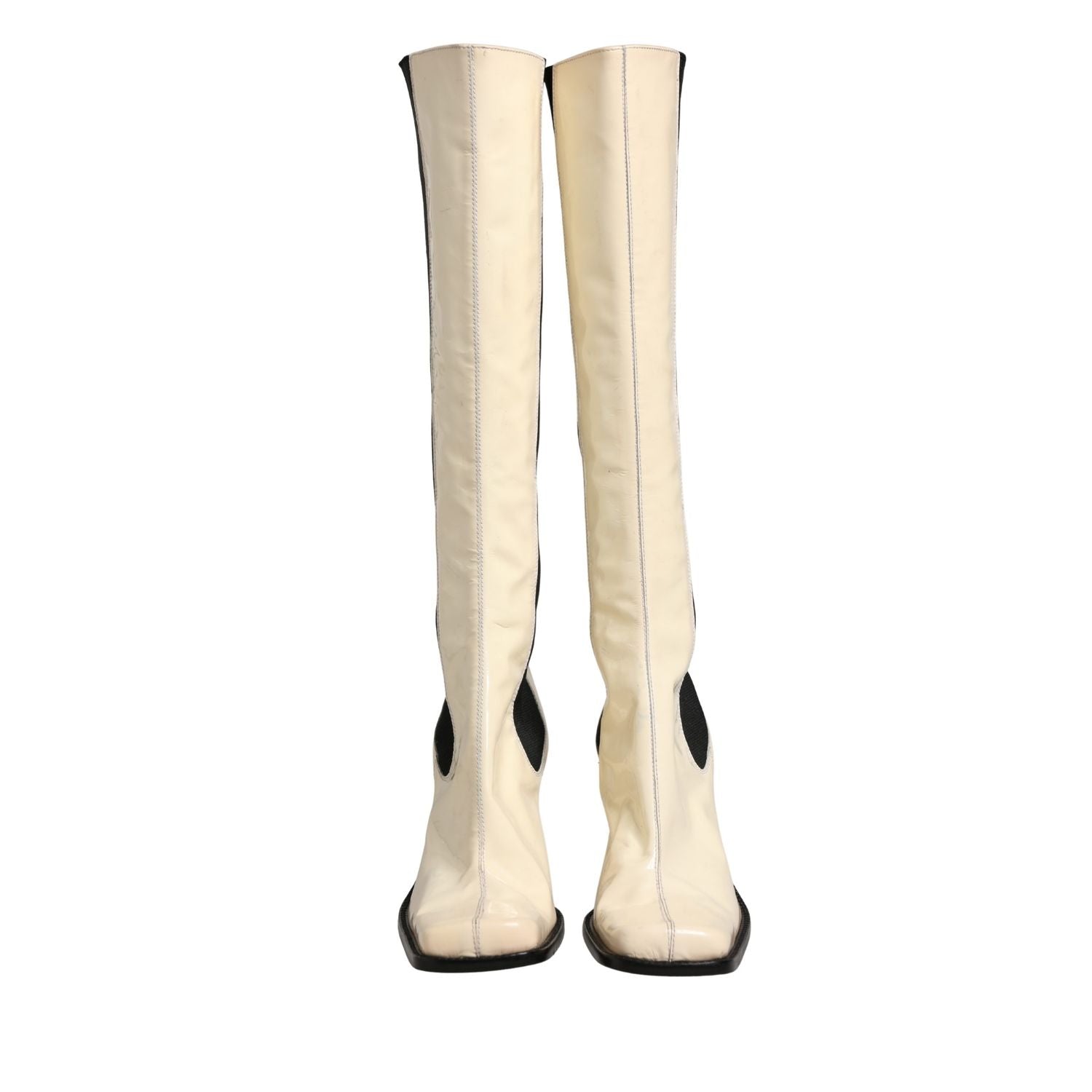 Dolce & Gabbana White Black Leather Knee High Boots Shoes