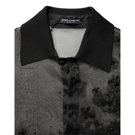 Dolce & Gabbana Black Floral Applique Sheer Short Sleeve Shirt