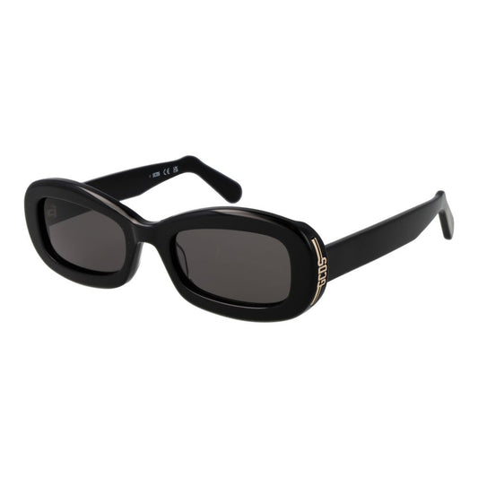 GCDS Black Plastic Sunglasses with grey lenses, full-rim rectangle style, 100% UVA & UVB protection, unisex, branded soft case included.