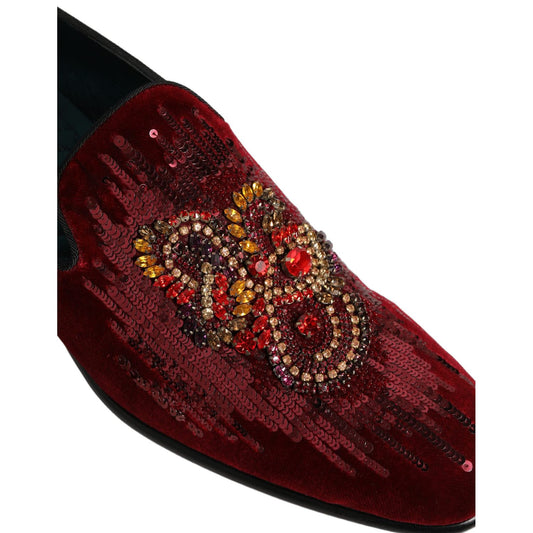 Dolce & Gabbana Maroon Sequin Gemstone Dress Loafers Shoes
