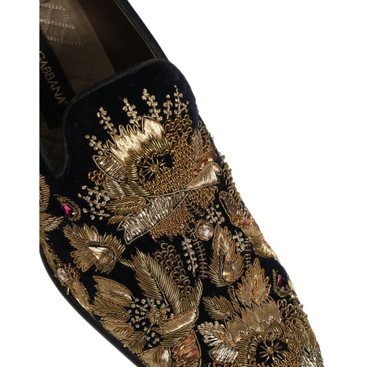 Dolce & Gabbana Black Gold Embroidery Dress Loafers Shoes