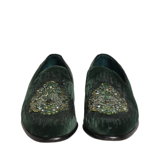 Dolce & Gabbana Green Velvet Embellished Dress Loafers Shoes