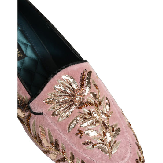 Dolce & Gabbana Pink Velvet Floral Embroidery Loafers Shoes