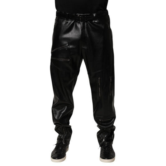 Dolce & Gabbana Black PU Leather Zipper Men Trouser Pants