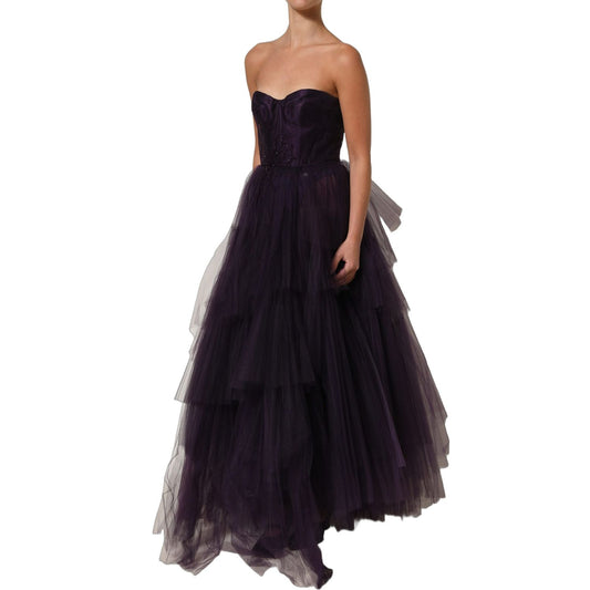 Dolce & Gabbana Purple Tiered Tulle Silk Long Gown Dress