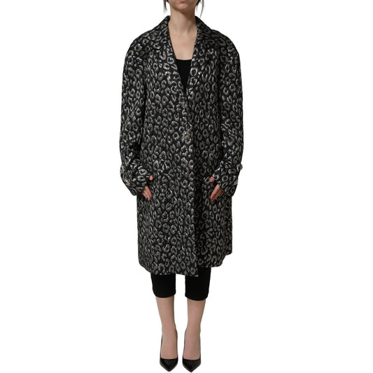 Dolce & Gabbana Black Silver Jacquard Leopard Coat Jacket