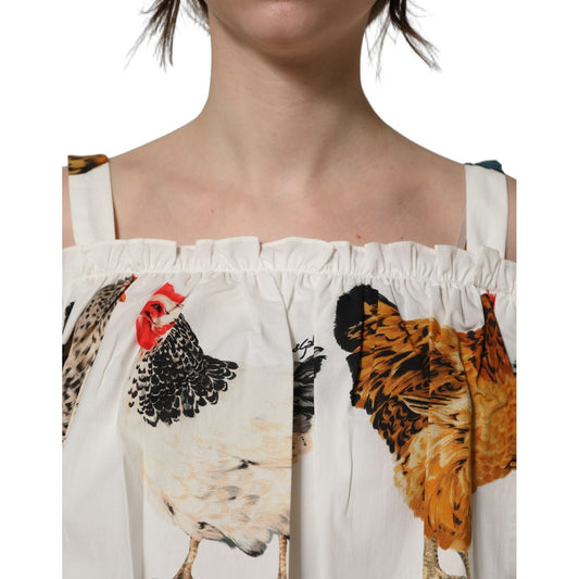 Dolce & Gabbana White Rooster Print Poplin Off The Shoulder Top