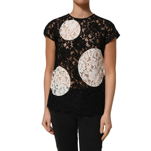 Dolce & Gabbana Black White Floral Lace Short Sleeve Blouse Top