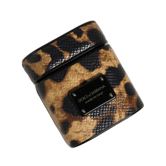 Dolce & Gabbana Brown Leopard Calf Leather Metal Logo Plaque Airpods Case