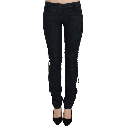 Just Cavalli Blue Low Waist Skinny Trousers Braided String Pants Just Cavalli
