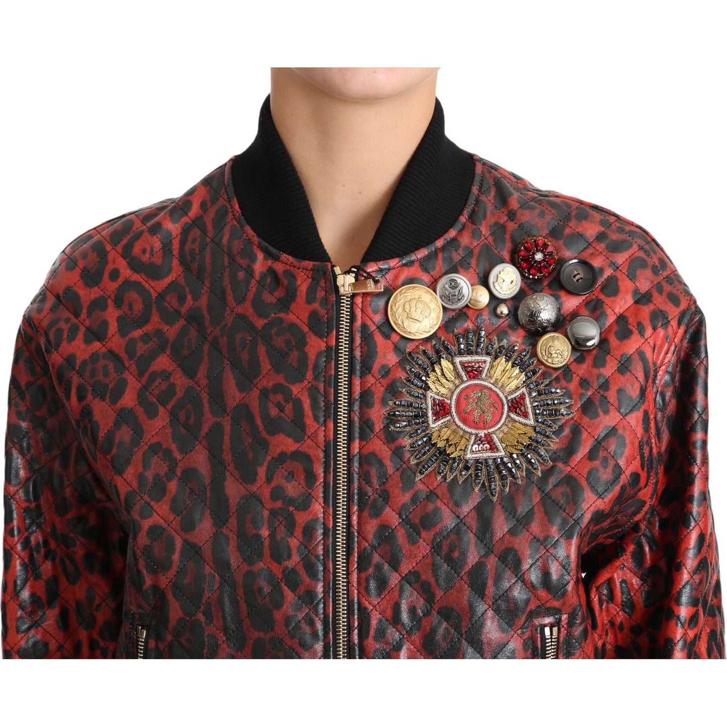 Dolce & Gabbana Red Leopard Button Crystal Leather Jacket Dolce & Gabbana