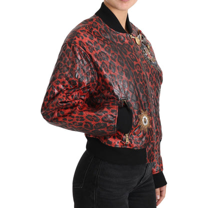 Dolce & Gabbana Red Leopard Button Crystal Leather Jacket Dolce & Gabbana