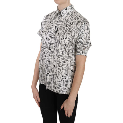 Dolce & Gabbana Trumpet Print Button Front Silk Top Blouse Dolce & Gabbana