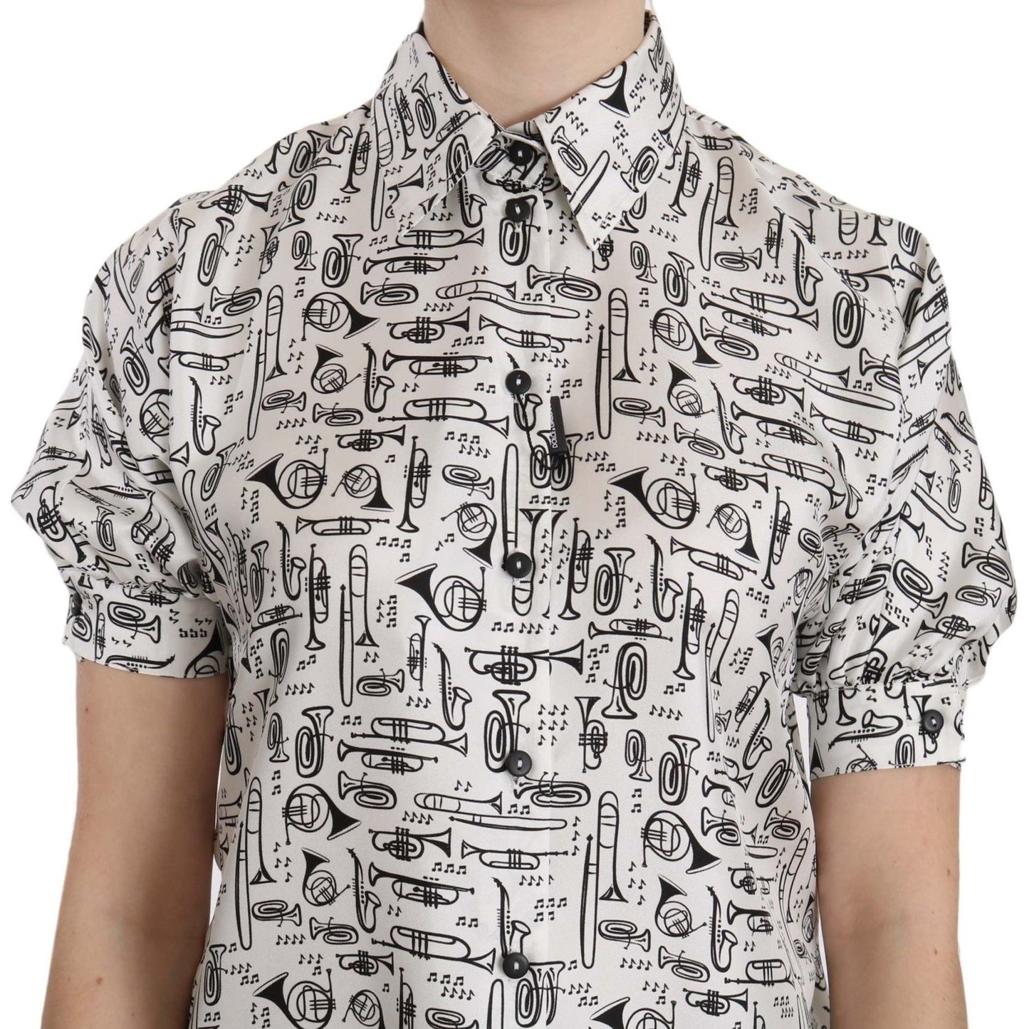 Dolce & Gabbana Trumpet Print Button Front Silk Top Blouse Dolce & Gabbana