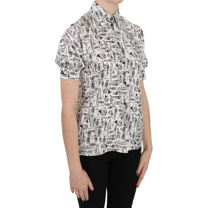 Dolce & Gabbana Trumpet Print Button Front Silk Top Blouse Dolce & Gabbana