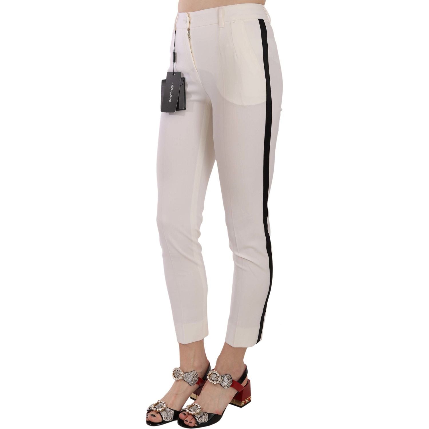 Dolce & Gabbana White Side Stripe Cropped Skinny Pants