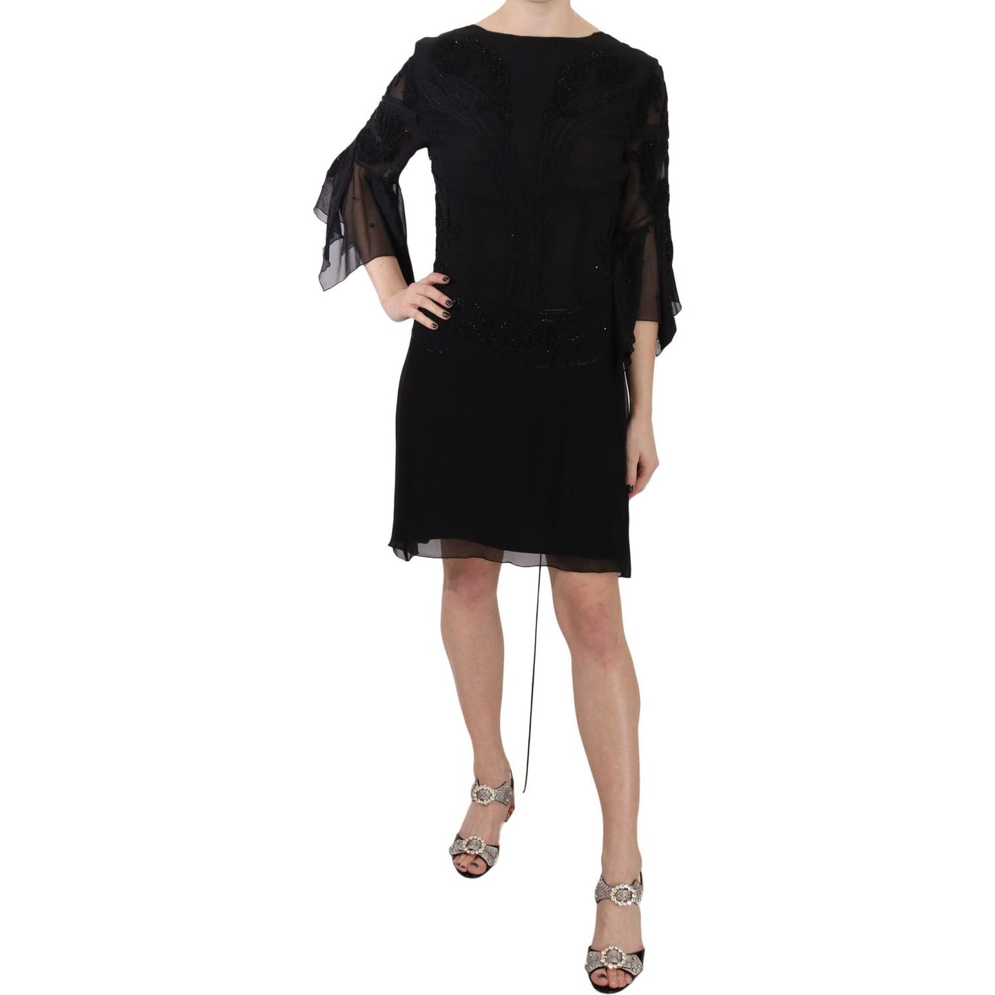 John Richmond Black Sequined Silk Mini Shift Gown