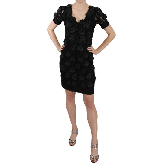 John Richmond Black Silk Leather Flowers Sheath Dress John Richmond
