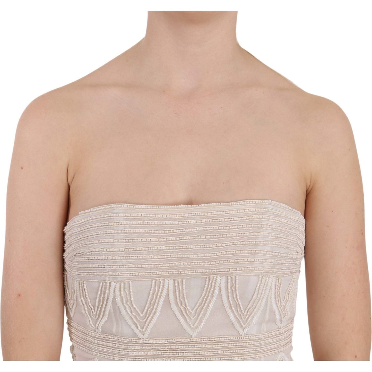 John Richmond Beige Beaded Silk Short Mini Gown Dress