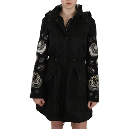 John Richmond Floral Sequined Beaded Hooded Jacket Coat 1728,67345645728,Black,Clothing,IT40|S,Jackets & Coats - Clothing,Jackets & Coats - Women - Clothing,John Richmond,Material: 100% Cotton,New with tags,Parkas - Jackets & Coats - Clothing,Women,Women