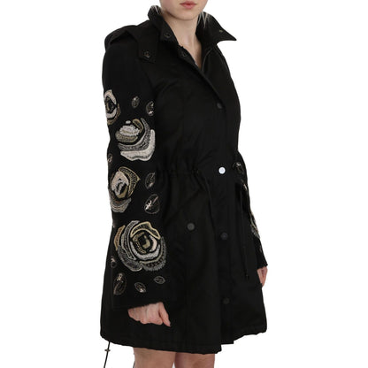 John Richmond Floral Sequined Beaded Hooded Jacket Coat 1728,67345645728,Black,Clothing,IT40|S,Jackets & Coats - Clothing,Jackets & Coats - Women - Clothing,John Richmond,Material: 100% Cotton,New with tags,Parkas - Jackets & Coats - Clothing,Women,Women