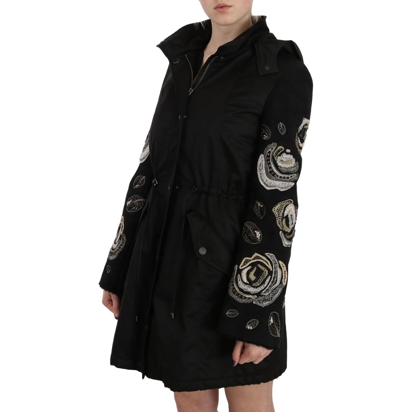 John Richmond Floral Sequined Beaded Hooded Jacket Coat 1728,67345645728,Black,Clothing,IT40|S,Jackets & Coats - Clothing,Jackets & Coats - Women - Clothing,John Richmond,Material: 100% Cotton,New with tags,Parkas - Jackets & Coats - Clothing,Women,Women