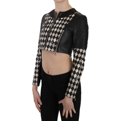 John Richmond Black White Leather Short Cropped Biker Jacket Coat 1728,67345645728,Biker Jackets - Jackets & Coats - Clothing,Black/White,Clothing,IT38|XS,Jackets & Coats - Clothing,Jackets & Coats - Women - Clothing,John Richmond,Leather Jackets - Jacket