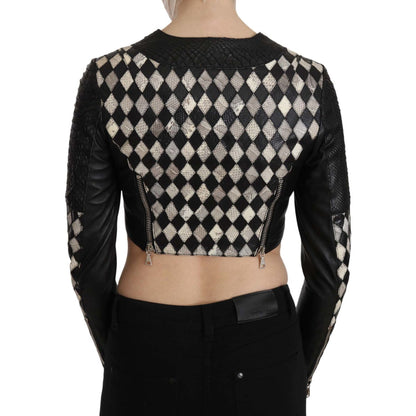 John Richmond Black White Leather Short Cropped Biker Jacket Coat 1728,67345645728,Biker Jackets - Jackets & Coats - Clothing,Black/White,Clothing,IT38|XS,Jackets & Coats - Clothing,Jackets & Coats - Women - Clothing,John Richmond,Leather Jackets - Jacket