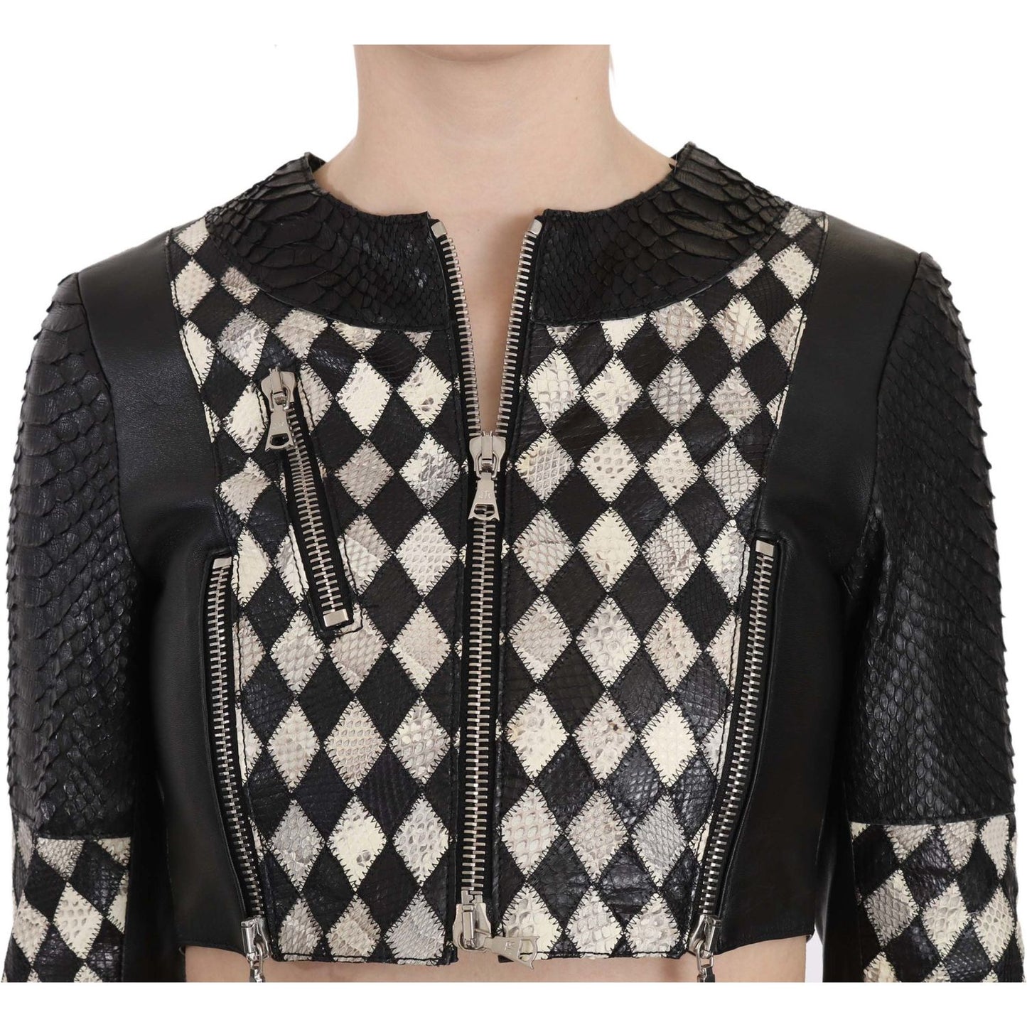 John Richmond Black White Leather Short Cropped Biker Jacket Coat 1728,67345645728,Biker Jackets - Jackets & Coats - Clothing,Black/White,Clothing,IT38|XS,Jackets & Coats - Clothing,Jackets & Coats - Women - Clothing,John Richmond,Leather Jackets - Jacket