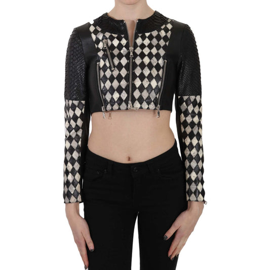 John Richmond Black White Leather Short Cropped Biker Jacket Coat John Richmond